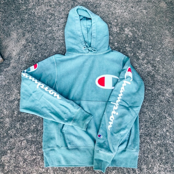 Champion Tops - Teal spell out Champion hoodie